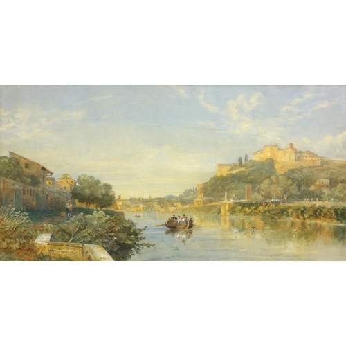 935 - Arthur Glennie - Watercolour view of figures on a boat in an Italianate river landscape, mounted and... 