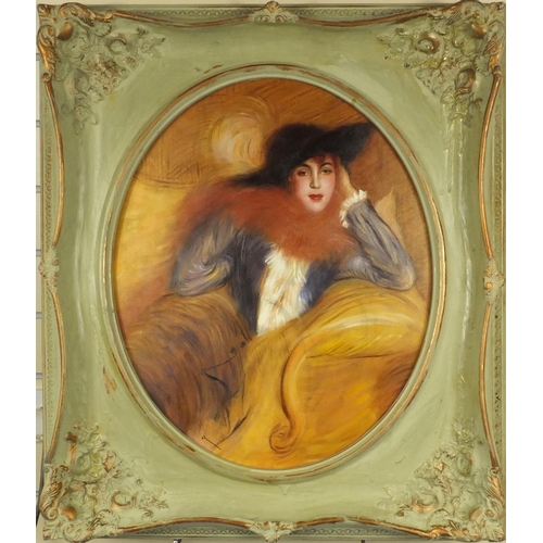 2196 - In the manor of Paul Helleu oil onto board view of a reclining female, ornately gilt framed, 58cm x ... 