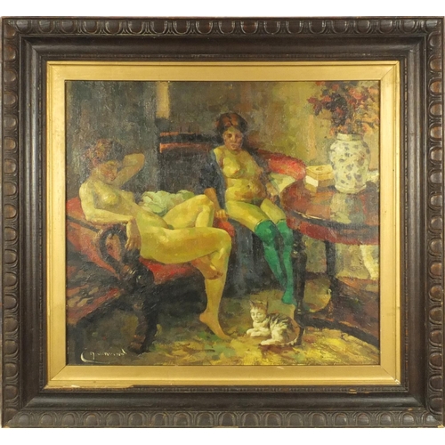 2192 - Camden Town School oil onto board view of two nude females, bearing an indistinct signature, mounted... 