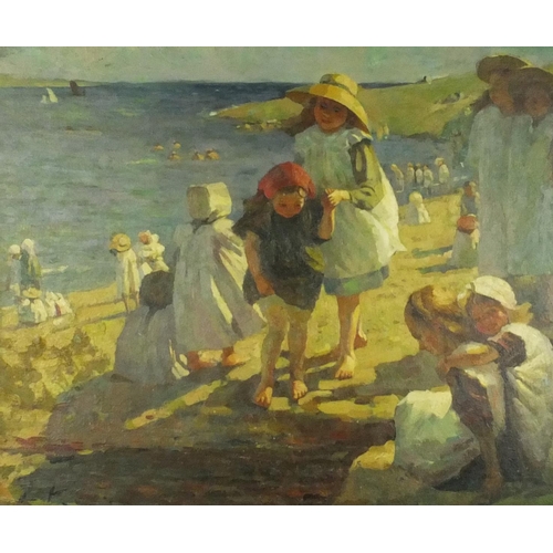 2093 - Modern British impressionist oil onto canvas view of children at the beach, bearing an indistinct si... 
