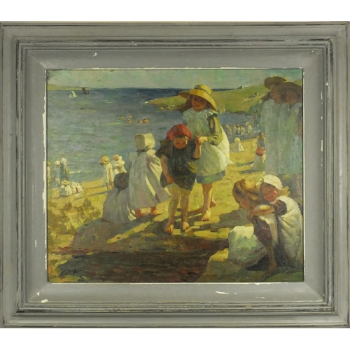 2093 - Modern British impressionist oil onto canvas view of children at the beach, bearing an indistinct si... 