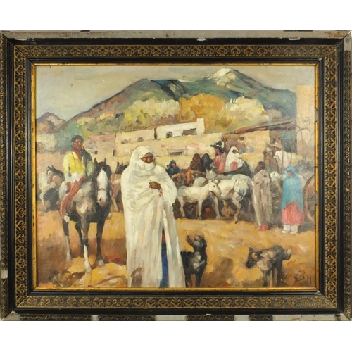 2403 - American school oil onto board view of figures and cattle in a village, bearing a monogram DH, frame... 