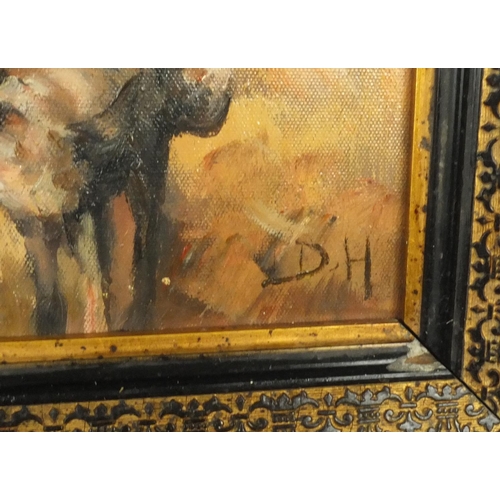 2403 - American school oil onto board view of figures and cattle in a village, bearing a monogram DH, frame... 