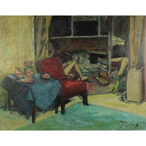 2375 - Modern British 1960's oil onto board view of a female seated in an interior, bearing a signature Pet... 