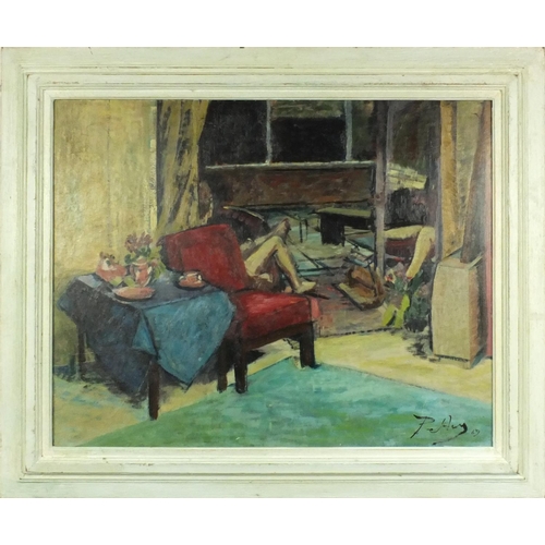 2375 - Modern British 1960's oil onto board view of a female seated in an interior, bearing a signature Pet... 