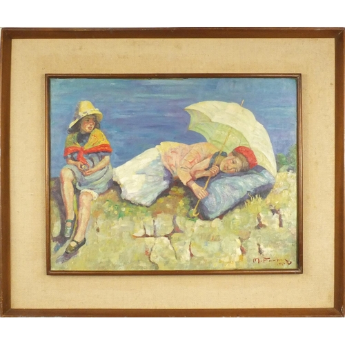 2124 - French impressionist oil onto board view of a lady holding a parasol with her child beside the sea, ... 