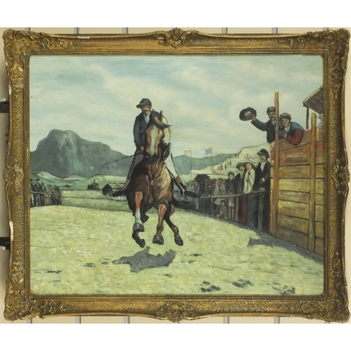 2272 - Irish school oil onto board view of a horse racing, gilt framed, 56cm x 48cm excluding the frame