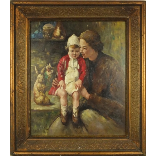 2152 - French impressionist oil onto board view of a mother and child, gilt framed,  60cm x 50cm excluding ... 