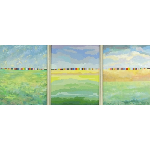 2322 - A Pettit - Oil onto canvas triptych view titled 'Views from a Window', framed, each 48cm x 39cm excl... 