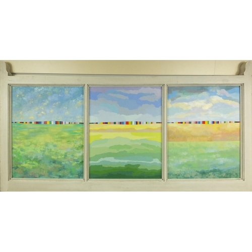 2322 - A Pettit - Oil onto canvas triptych view titled 'Views from a Window', framed, each 48cm x 39cm excl... 