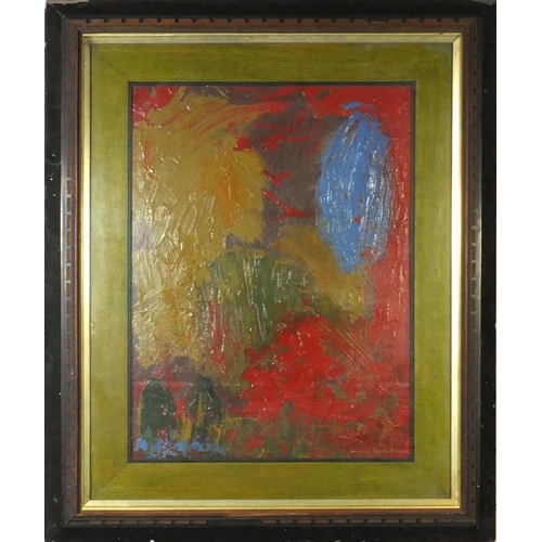 2123 - Oil onto board abstract composition, bearing a signature Harry Hop....?, mounted and framed, 63cm x ... 