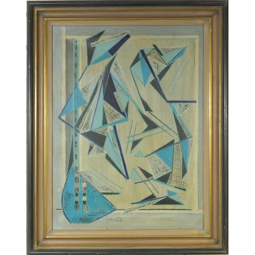 2091 - Oil onto canvas abstract composition of geometric shapes, bearing a signature Wyndam Lewis, framed, ... 