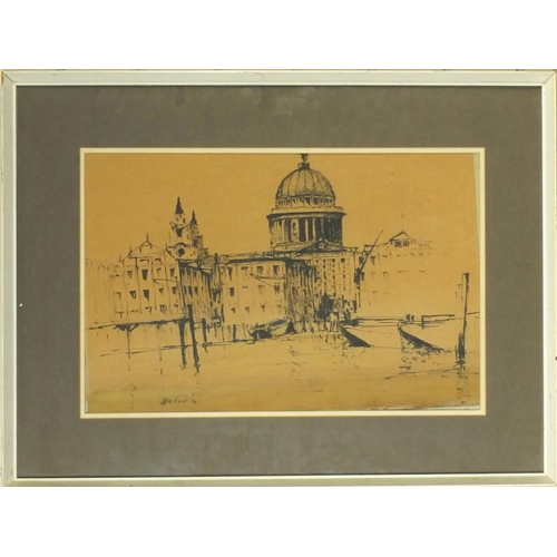 2263 - Edward Wesson - Ink drawing of a city harbour scene, mounted and contemporary framed, The Gordon Gal... 