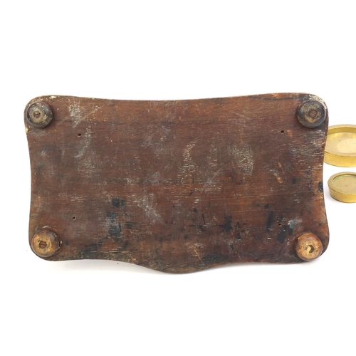 2220 - Pair of brass and mahogany postage scales with weights, 12cm high