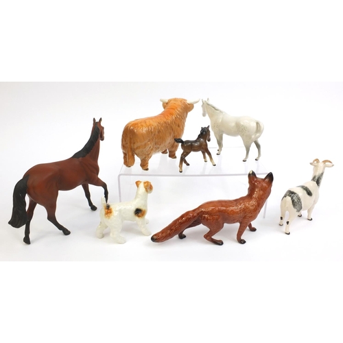 2121 - Group of Royal Doulton and Beswick animals including three horses, goat and a fox, the tallest 21cm ... 