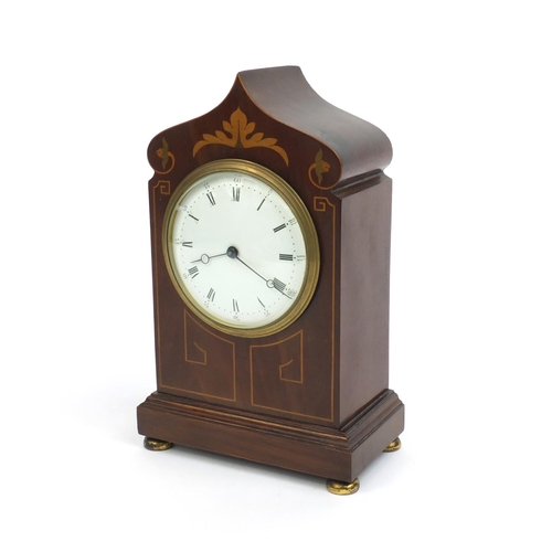 2326 - Art Nouveau inlaid mahogany mantel clock with enamel dial, 22cm high