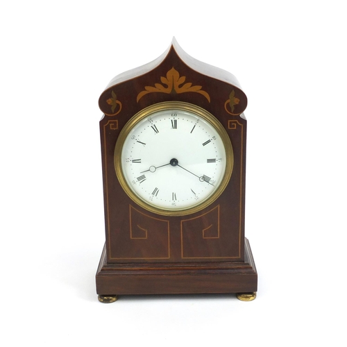 2326 - Art Nouveau inlaid mahogany mantel clock with enamel dial, 22cm high