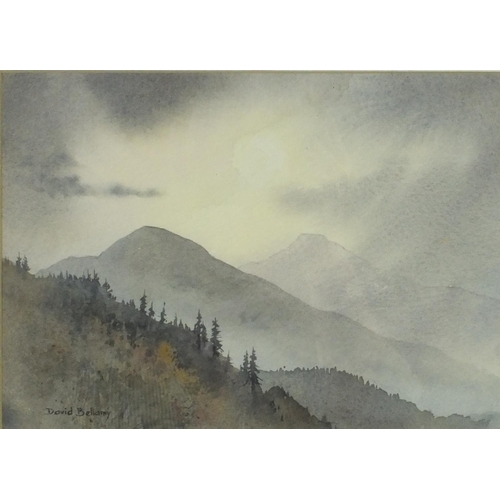 2346 - David Bellamy - Watercolour view titled 'Autumn Mist on the Malvern Hills', mounted and contemporary... 