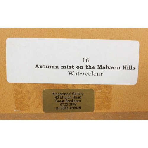 2346 - David Bellamy - Watercolour view titled 'Autumn Mist on the Malvern Hills', mounted and contemporary... 