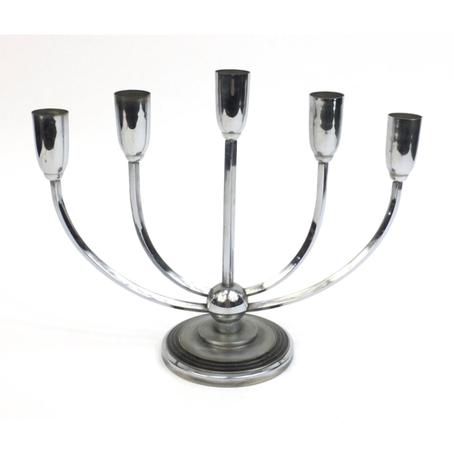 2238 - Art Deco chrome five branch candlestick, 25cm high