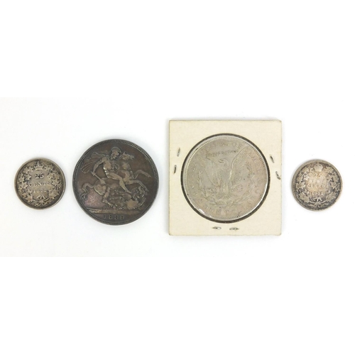 2389 - Group of American and British coinage, including an 1889 crown and a 1921 one dollar