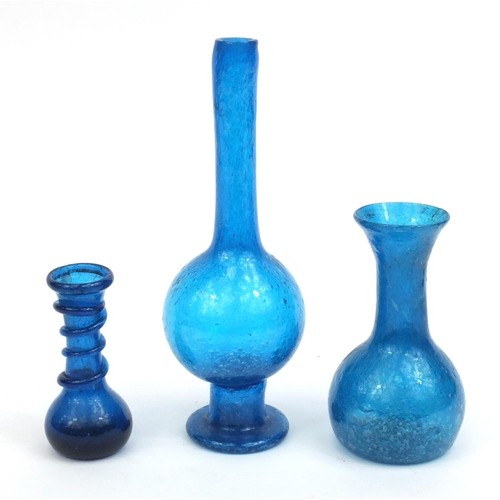 2318 - Three blue art glass vases with unpolished pontil's, the tallest 20cm high