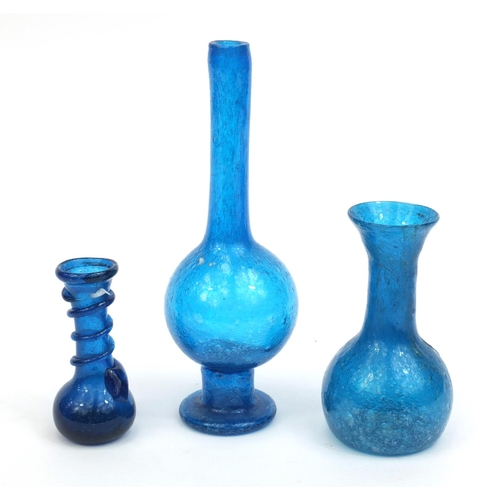 2318 - Three blue art glass vases with unpolished pontil's, the tallest 20cm high