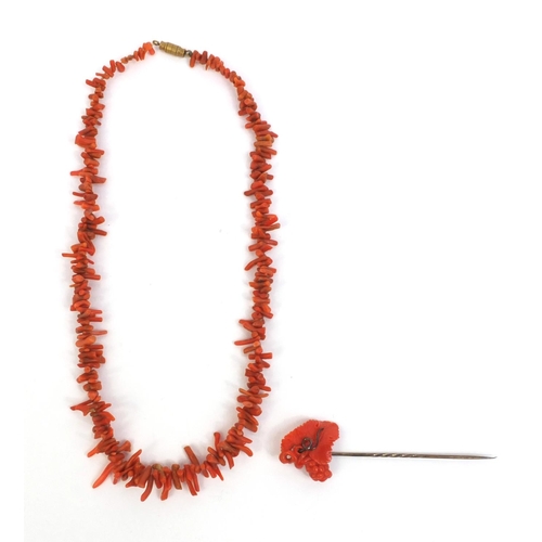 2560 - Carved coral grapevine brooch and necklace