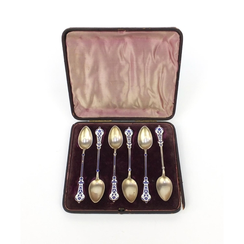 788 - Cased set of six Russian silver enamelled teaspoons, marked '950', 11.5cm long, approximate weight 7... 