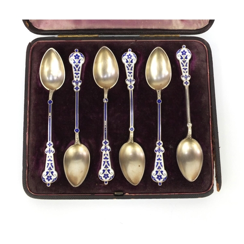 788 - Cased set of six Russian silver enamelled teaspoons, marked '950', 11.5cm long, approximate weight 7... 