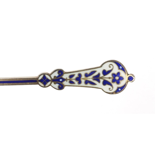 788 - Cased set of six Russian silver enamelled teaspoons, marked '950', 11.5cm long, approximate weight 7... 