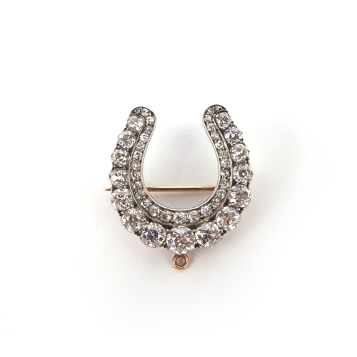 806 - Good quality 14ct gold old Europeon cut diamond horseshoe brooch/pendant, 3cm high, approximate weig... 