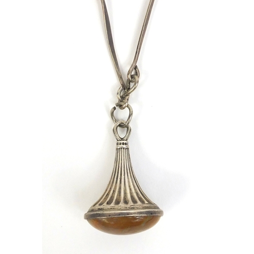 844 - Silver hard stone fob on a silver chain, approximate weight 46.0g