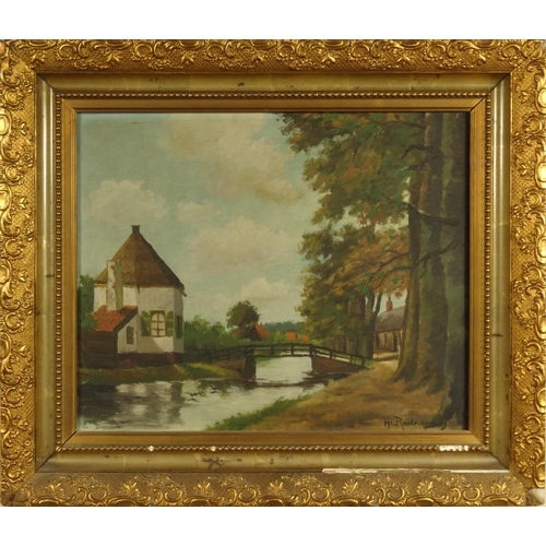 939 - H.E. Roodenburg - Dutch oil onto canvas view of a bridge over a tree-lined river, mounted and gilt f... 