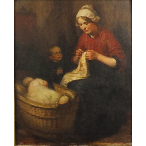 981 - Oil onto canvas view of a mother of child in a cradle, bearing a signature B. Polbast?, ornately fra... 