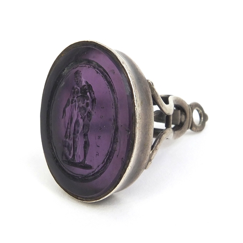 830 - ** DESCRIPTION AMENDED 9/9** Georgian unmarked silver Intaglio seal the amethyst coloured seal incis... 