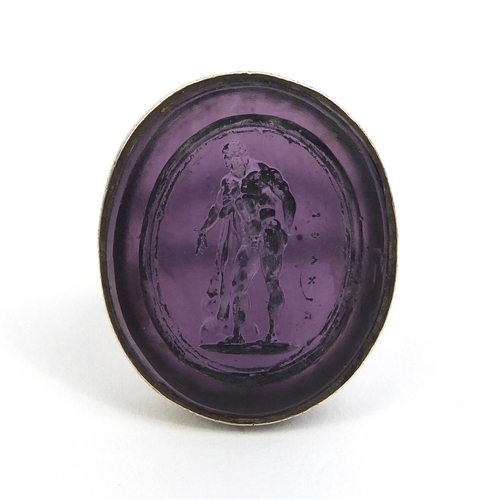 830 - ** DESCRIPTION AMENDED 9/9** Georgian unmarked silver Intaglio seal the amethyst coloured seal incis... 