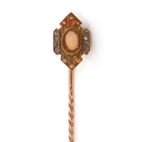 884 - Victorian 15ct gold coral and diamond tie pin, 6cm long, approximate weight 2.2g