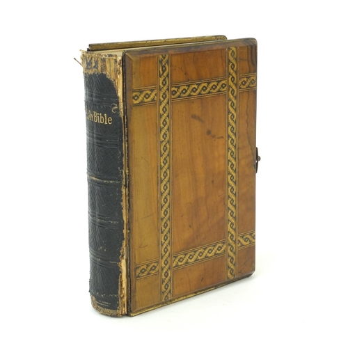 2350A - Jerusalem inlaid olive wood bound Holy Bible, printed by Eyre & Spottiswood, 15cm high