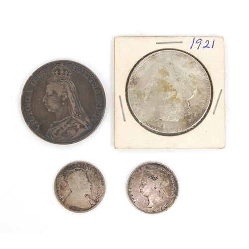 2389 - Group of American and British coinage, including an 1889 crown and a 1921 one dollar