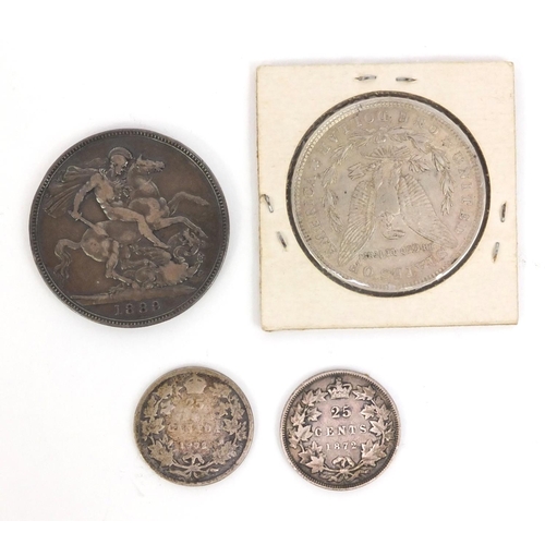 2389 - Group of American and British coinage, including an 1889 crown and a 1921 one dollar