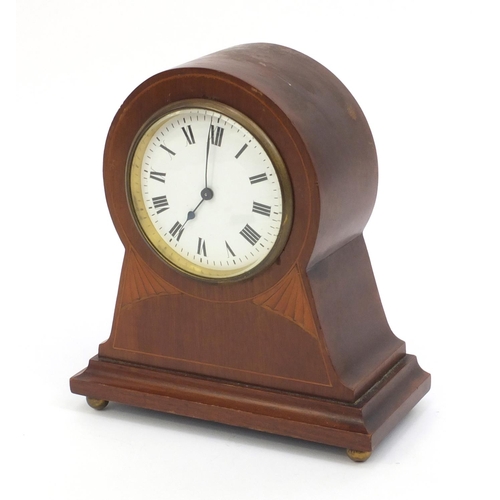 2330 - Edwardian inlaid mahogany mantle clock with enamel dial and Roman numerals, 20cm high