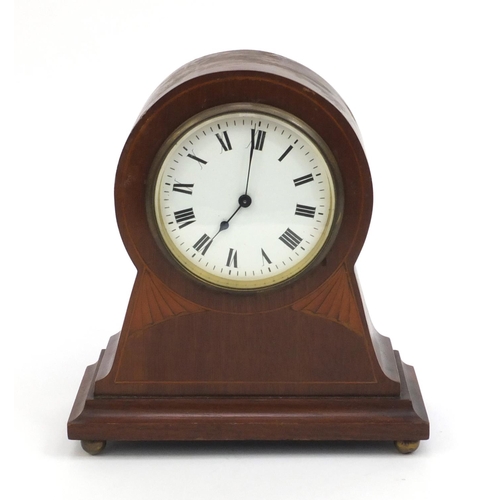 2330 - Edwardian inlaid mahogany mantle clock with enamel dial and Roman numerals, 20cm high