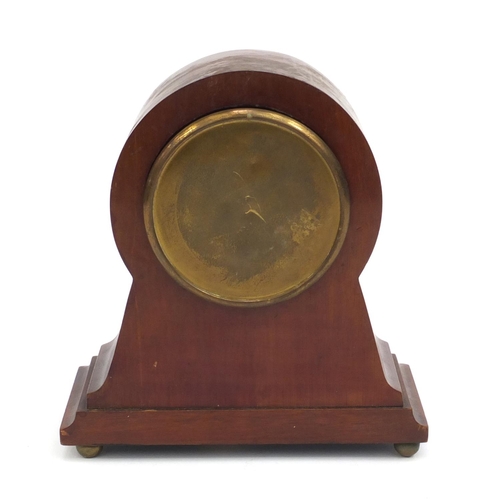 2330 - Edwardian inlaid mahogany mantle clock with enamel dial and Roman numerals, 20cm high