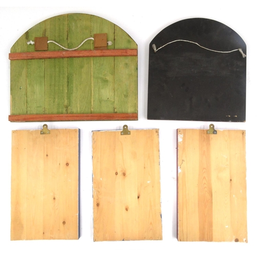 2182 - Five wooden advertising wall plaques comprising Swan ink, Brasso, Pear soap, Frogs legs and Orchard ... 