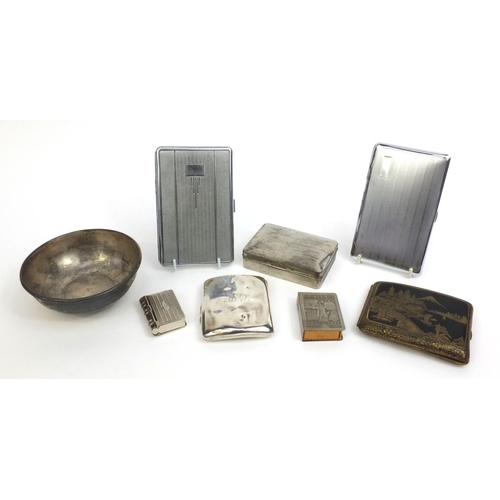 2352 - Group of cigarette cases, matchbox holders, stamp case and a bowl including a silver example and a J... 