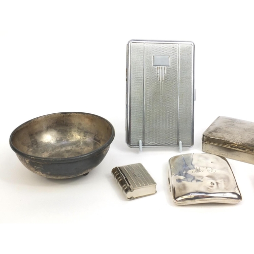 2352 - Group of cigarette cases, matchbox holders, stamp case and a bowl including a silver example and a J... 