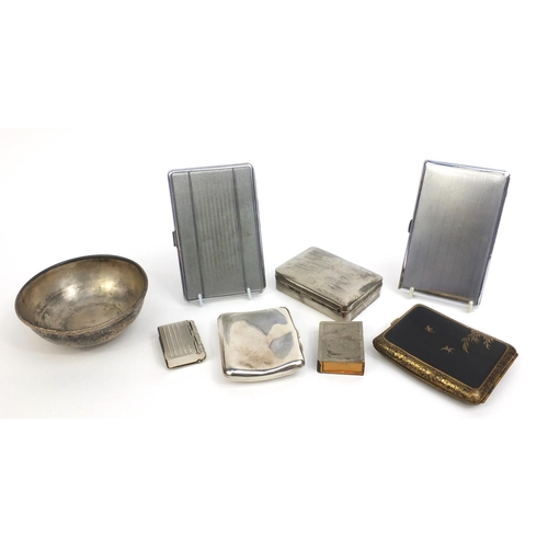 2352 - Group of cigarette cases, matchbox holders, stamp case and a bowl including a silver example and a J... 