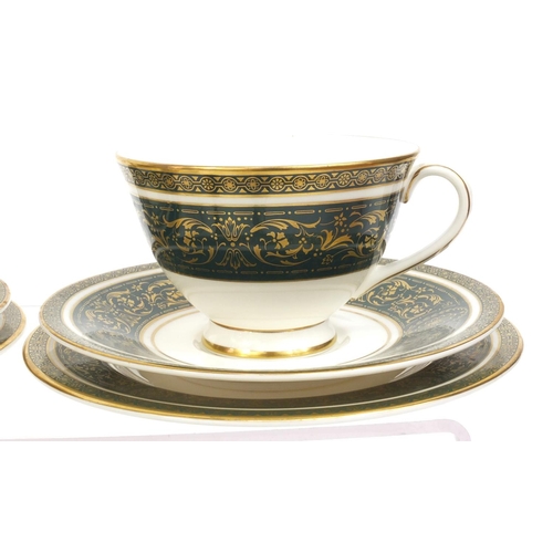 2257 - Six Royal Doulton Vanborough pattern trios, together with a matching sugar bowl, each with factory m... 