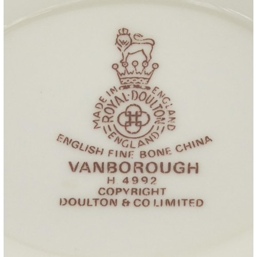 2257 - Six Royal Doulton Vanborough pattern trios, together with a matching sugar bowl, each with factory m... 